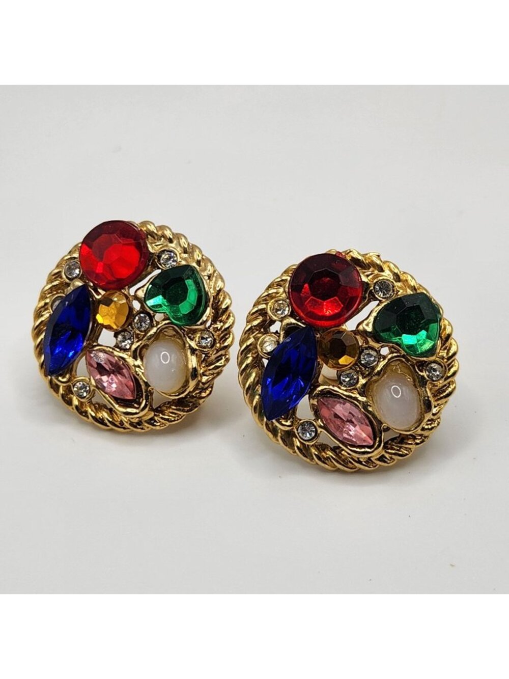 Vintage Gold Tone Clip On Earrings Multicolor Gemstones LARGE Statement Earrings
